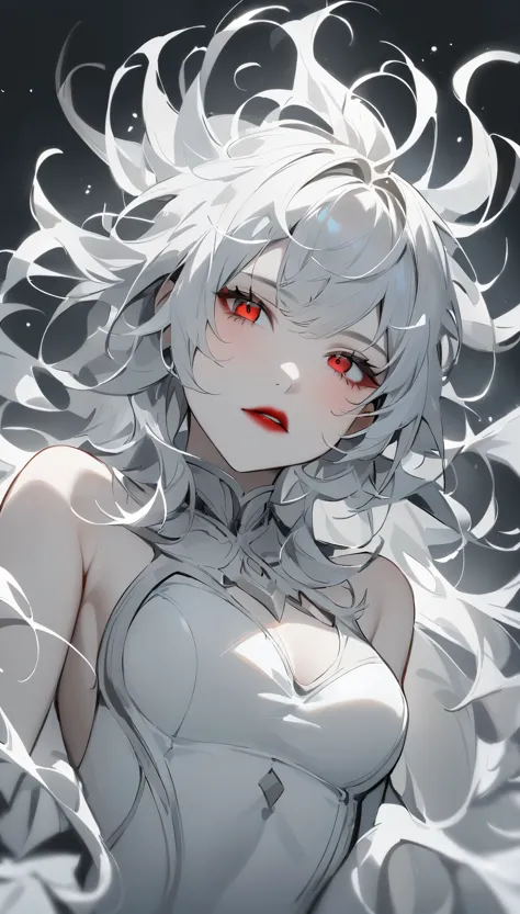 highest quality、masterpiece、1 girl、gray background、marble、gray hair:1.5、red eyes、red lips、white clothes、white bodysuit、、messy ha...
