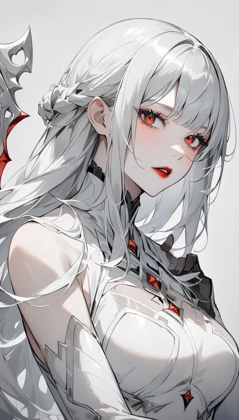 highest quality、masterpiece、1 girl、gray background、marble、gray hair:1.5、red eyes、red lips、white clothes、white bodysuit、Black and...