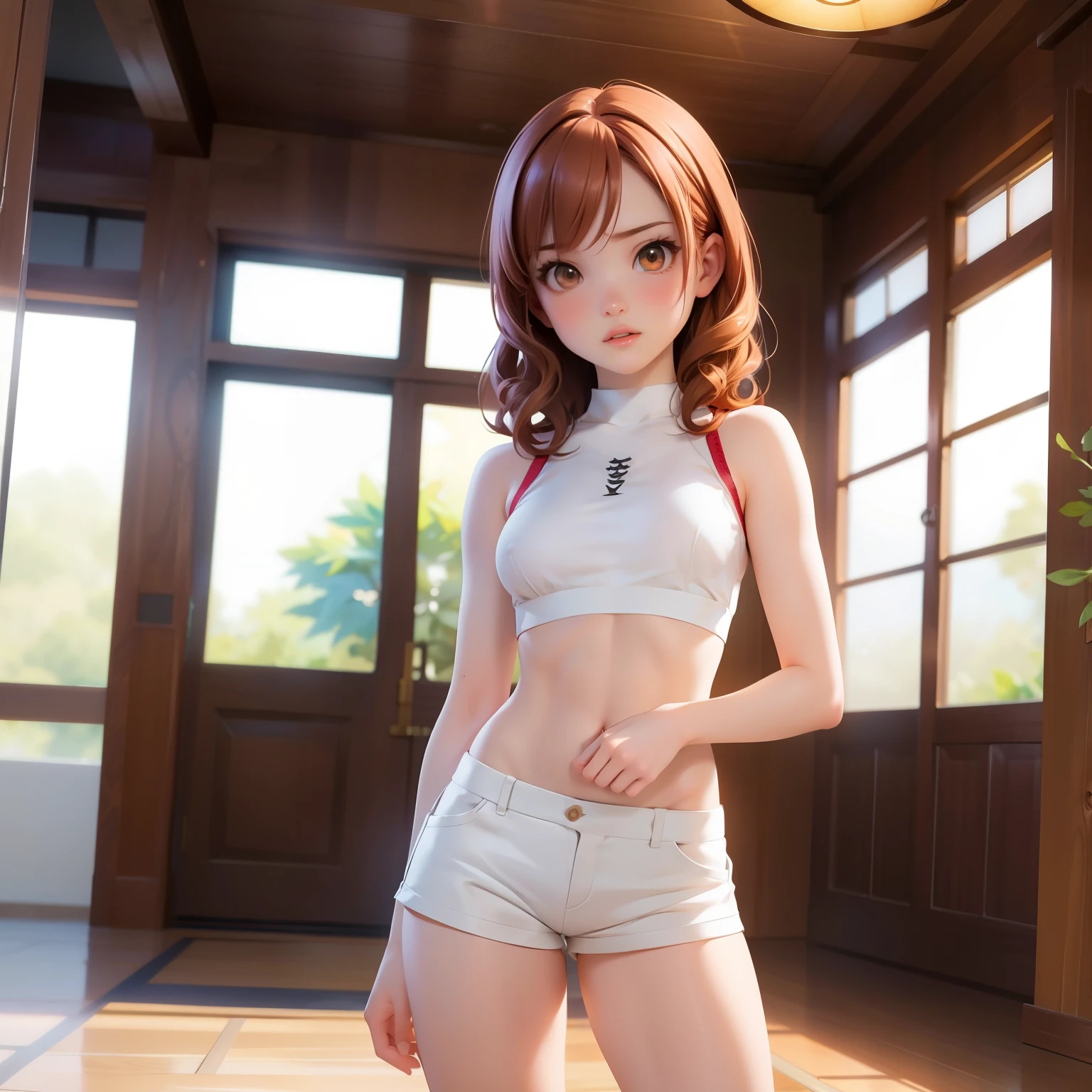 Pale skin, Small breasts, Cute face, Cotton shorts, Tight top, Intricate clothes, Full body, Cinematic light, Makoto Shinkai, Anime, Realism, Masterpiece, Woman, One, 18 Years old, Brazilian, Fit thighs, Fit, Ginger hair, Medium hair, Curly hair