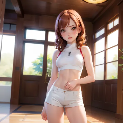 Pale skin, Small breasts, Cute face, Cotton shorts, Tight top, Intricate clothes, Full body, Cinematic light, Makoto Shinkai, An...