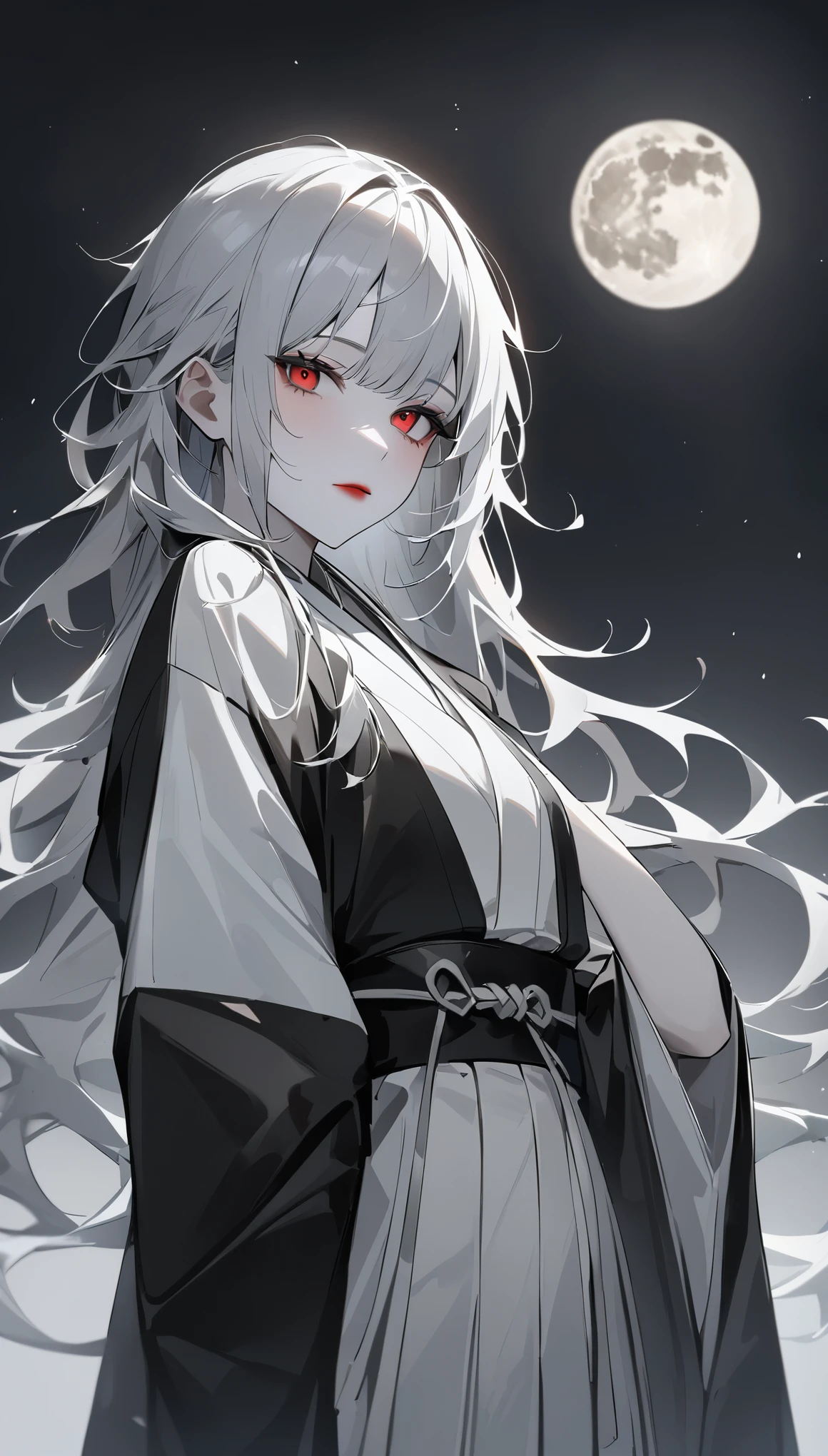 highest quality、masterpiece、1 girl、gray background、marble、gray hair:1.5、red eyes、red lips、white clothes、Hakama、Japanese clothing、black jacket、messy hair、Black and white world、Black and white world、pale skin、night time、full moon、