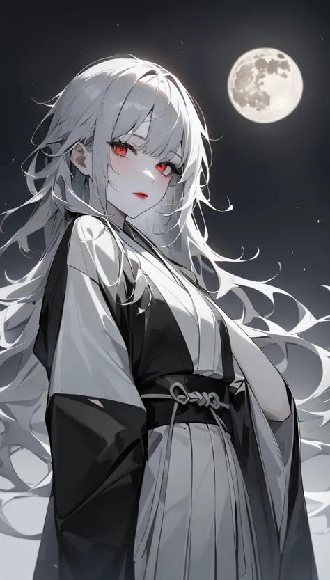 highest quality、masterpiece、1 girl、gray background、marble、gray hair:1.5、red eyes、red lips、white clothes、Hakama、Japanese clothing...