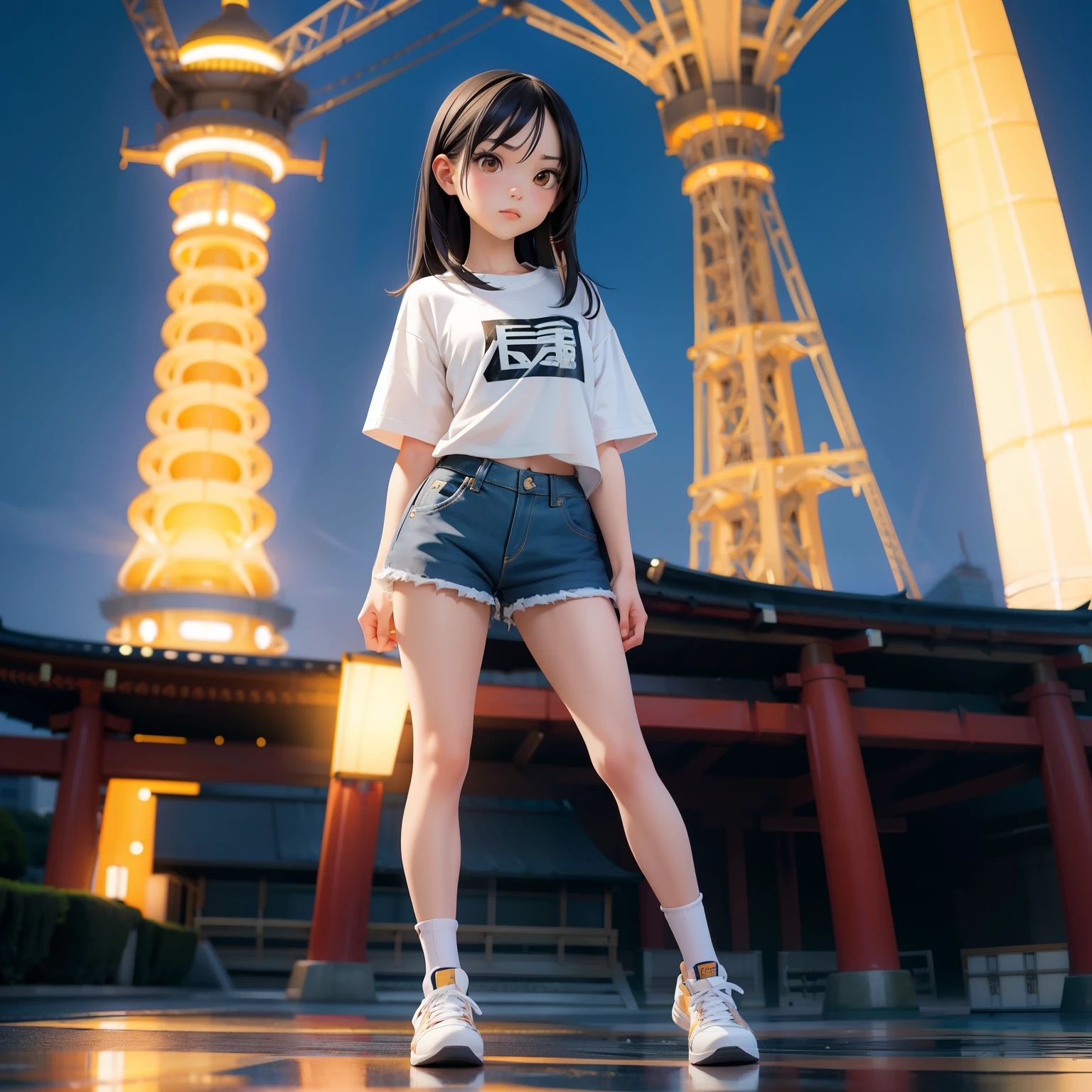 young Japanese woman, skinny, slender, fair skin, flat chest, slender legs, thin thighs, long black hair, brown eyes, dark circles, oversized t-shirt, micro denim shorts, white high socks, converse sneakers, posing for a photo in front of Tokyo skytree, masterpiece, Makoto Shinkai, anime, standing, full body, dynamic angle 