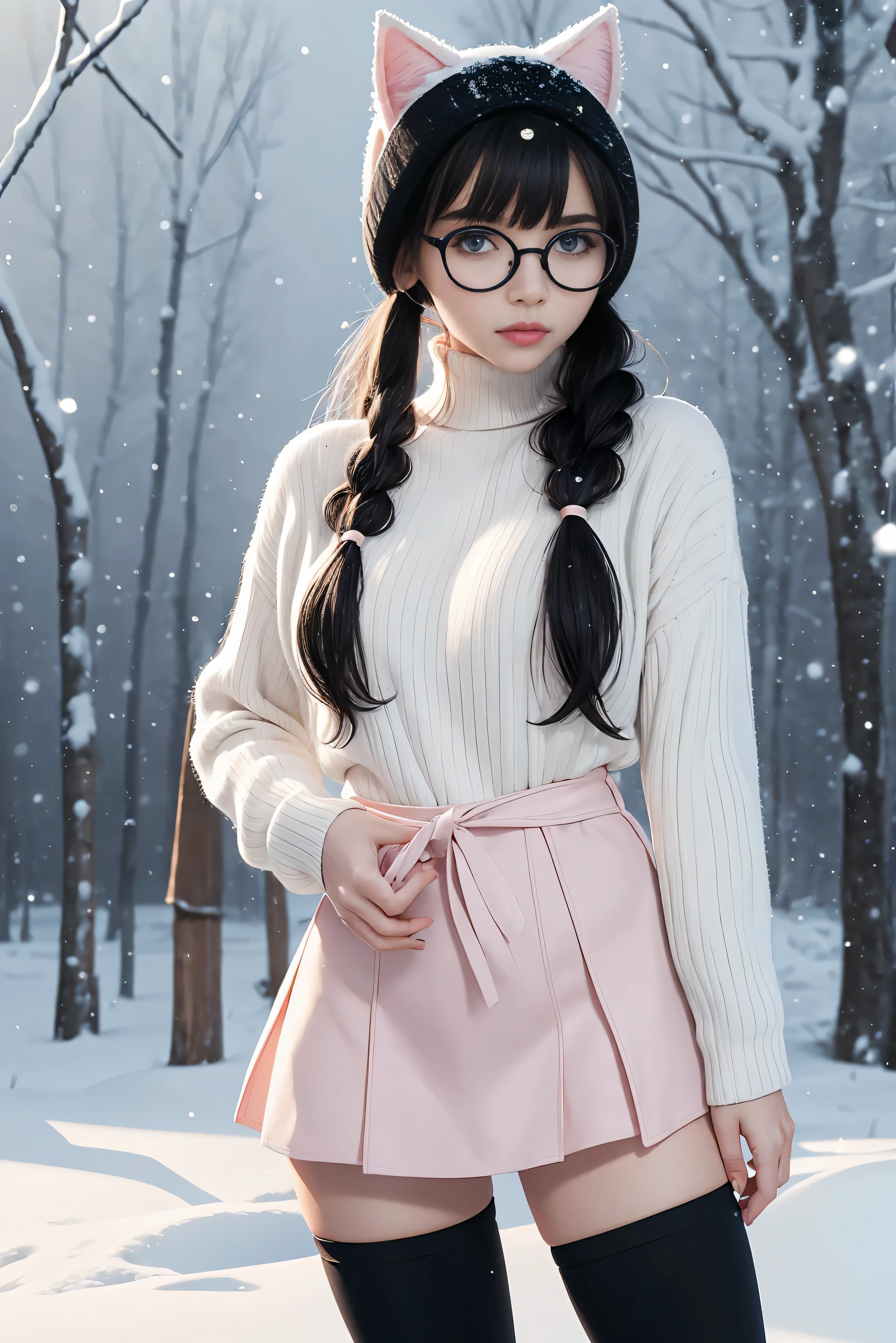 (Best Quality,High resolution:1.2), Ultra-detailed, Realistic portrait, hot Russian girl, pretty face, perfect long legs, full body, tiny waist. large breasts, standing, tight white cropped jumper, black high waist leggings, pink and white snow boots, in the snow, large blue eyes, long black hair tied up with a ribbon, pigtails, tight high waist mini skirt, woolen socks, hair bangs, snowing, foggy, (large round black rimmed glasses), cat ears