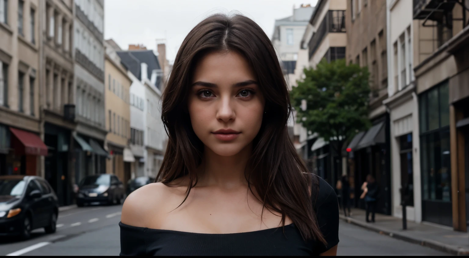 Photo d&#39;une fille brune, Jolie fille, yeux brun, stylish clothes, ((haut du corps)), dark garments,en appelle discord, American . 4k HD