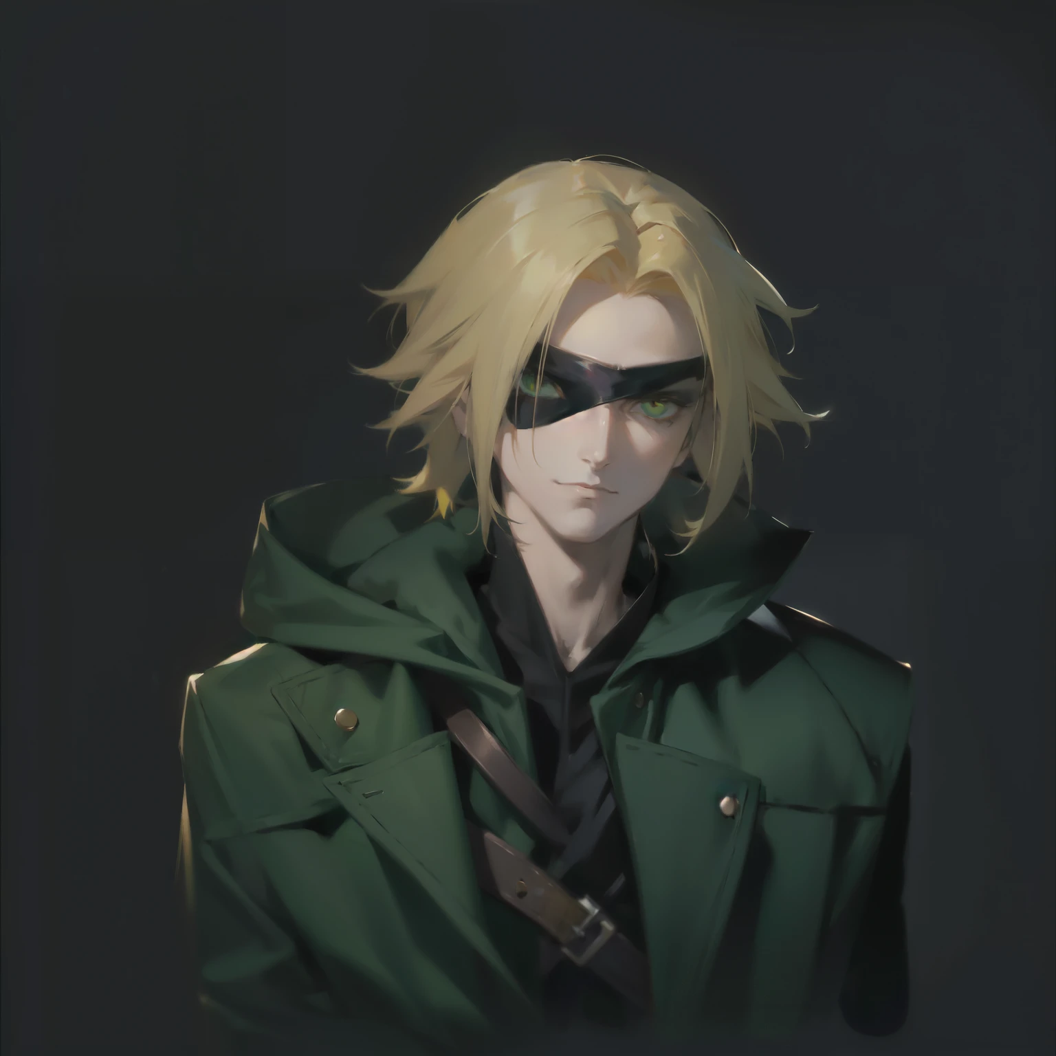 um homem com uma jaqueta verde e um tapa olho preta, jovem ladrão de fantasia loira, ele usa tapa-olho, feito com estúdio de pintor de anime, johan liebert misturado com alucard, personagem de anime masculino, cabelo loiro olhos verdes, Coringa parece Naruto, tapa-olho, arte detalhada de personagem de anime, gama murata e artgerm, arte zerochan