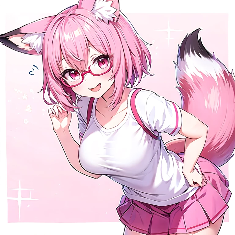 short pink hair, pink eyes, (pink miniskirt), ((one girl)), ((cute glasses)), foxgirl, ((fox tail)), ((fox ears)), hair over one eye, red eyes, tight shirt