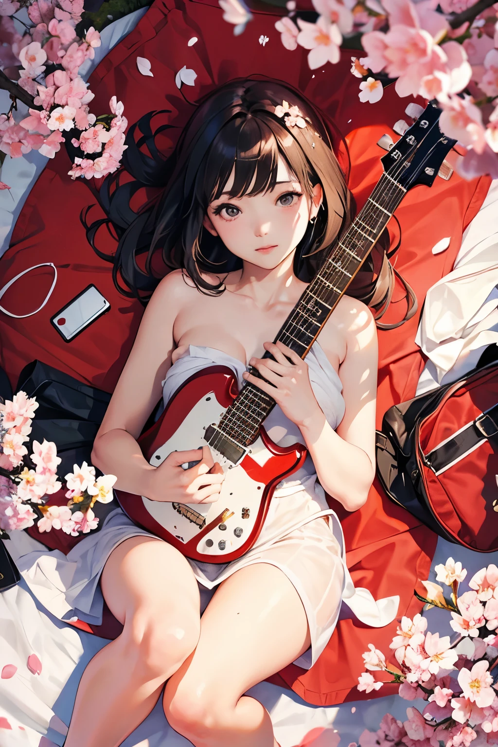 Anime girl with a guitar laying on a blanket with cherry blossoms - SeaArt  AI