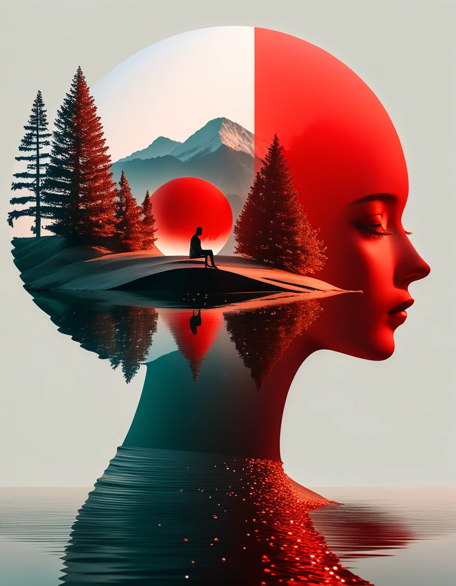 minimalist composition red sun，black man sitting on it，Mirror reflection of trees and water，Surrealism，clean background，Cinema4D rendering style，high resolution photography，dream scene，minimalist sculpture art installation