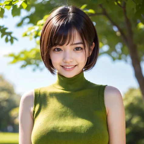 (highest quality、table top、8K、best image quality、Award-winning work)、(10 year old girl:1.)、(Perfect sleeveless turtleneck knit sweater dress in random color i:1.4)、(short hair:1.1)、(very young girl&#39;s face:1.1)、look at me with the best smile、(huge breas...