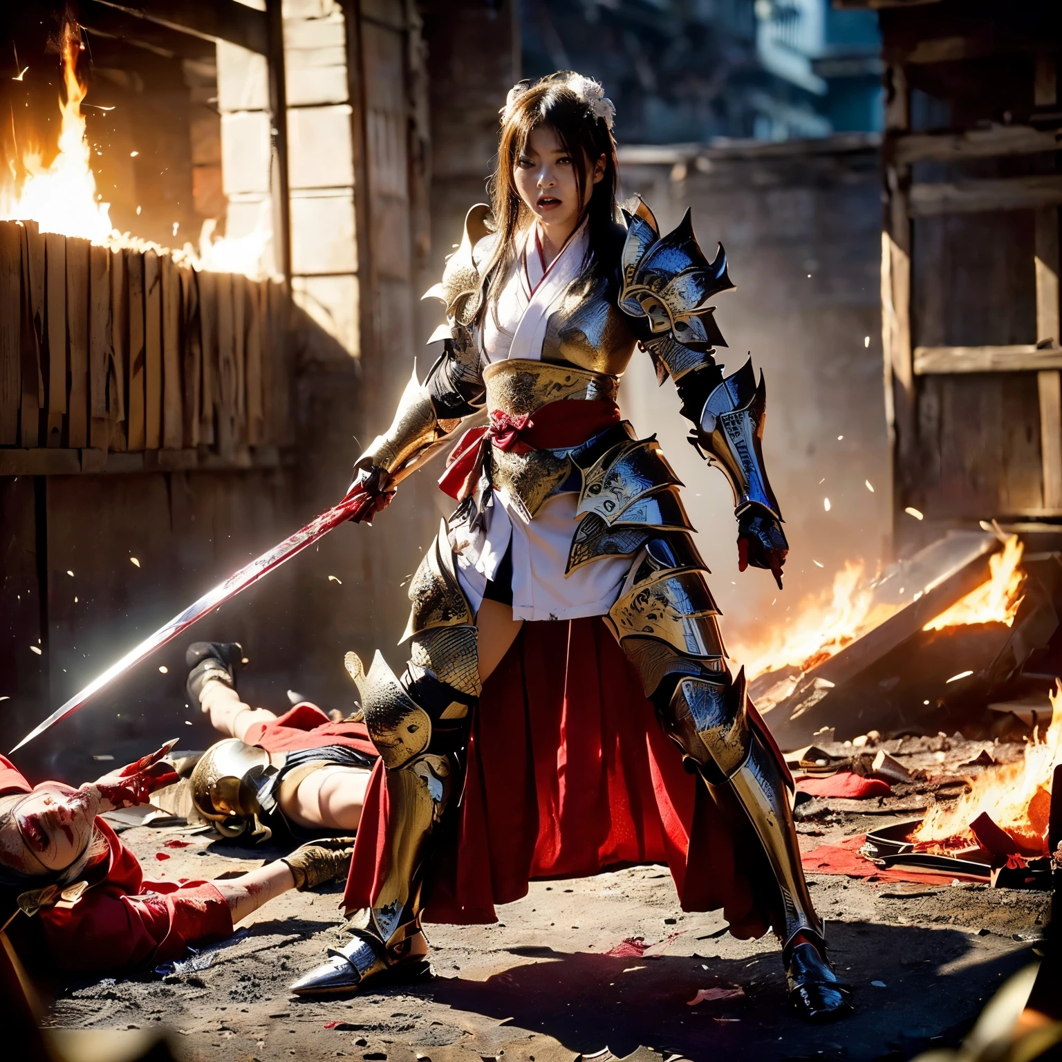 (((Realistic, masterpiece, best quality, crisp detail, high definition, high detail, rich detail, sharp focus, colorful, perfect studio lightning))), ((20 years old goddess, kasumi arimura)),(((in the middle of war, epic war scene, severely wounded, slashed, stabbed by swords, pierced by arrows, attack stance))), wearing (((beautiful ornamented golden heavy armor, decorated full body armor, fully armored beautiful kimono, holding beheqded head, blood scattered face, blood tears, blood bath, blood shed))), (((fire everywhere, blood everywhere, death everywhere, japan bakumatsu period, dead bodies,carcass,burned japanese castle,hellish,chaos)) traditional village background)