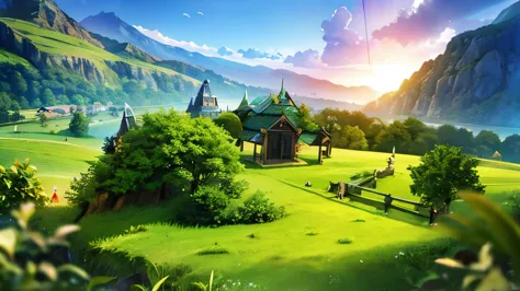 Open world two-dimensional grassland fantasy world elf 3d modeling world