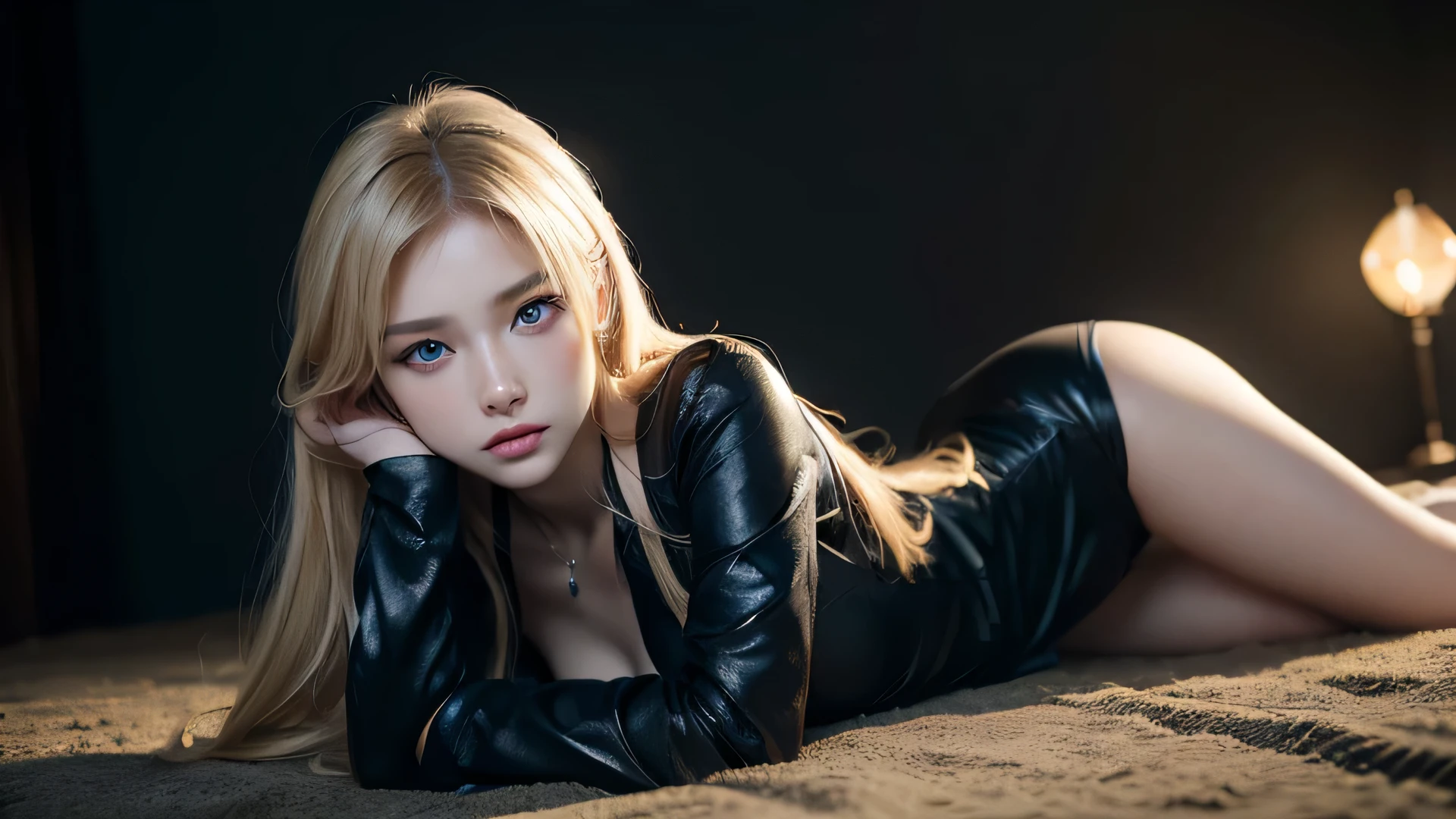 (masterpiece: 1.3), (8K, realistic, Raw photo, highest quality: 1.4), highest quality, masterpiece, ultra high resolution, (realistic:1.4), Raw photo, 1 girl, Attractive Russian model Nata Lee, bright blonde hair, blue eyes, small eyes and face, black suit, dynamic lighting, in the dark, deep shadow, discreet key, full body cowboy shot.,perfect body,(Lie:1.3)