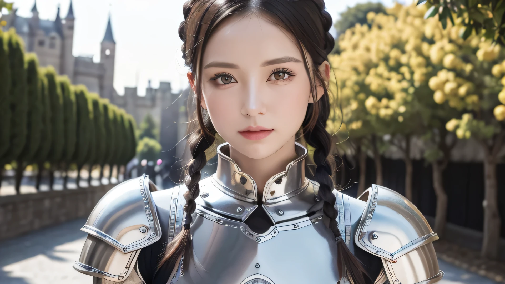 (masterpiece, highest quality),(very complicated:1.3), (realistic), 1 girl, mature woman, white people, green eyes, perfect eyes, perfect iris, perfect student, perfect lips,perfect nose, perfect hands, very fine hands, perfect fingers, black hair, short hair, straight hair, small braids in her hair, (medieval armor), metal reflection, (((silver armor))), outdoor, distant castle, (Ornately decorated armor), (Extremely detailed, bloom:1.5), chain mail, intense sunlight, Stunning female professional photo details, sharp focus, Award history, cinematic lighting, blurred background, Upper body, ((With confidence)), (Pause:look at the camera),Mecha,perfect body,(Lie:1.3)