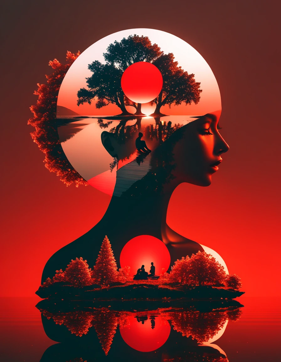 미니멀리스트 구성 붉은 태양，그 위에 앉아 있는 흑인，나무와 물의 거울 반사，초현실주의，깨끗한 배경，Cinema4D 렌더링 스타일，고해상도 사진，꿈의 장면，미니멀리스트 조각 예술 설치