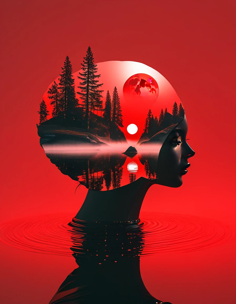 minimalist composition red sun，black man sitting on it，Mirror reflection of trees and water，Surrealism，clean background，Cinema4D rendering style，high resolution photography，dream scene，minimalist sculpture art installation