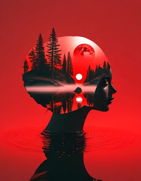 minimalist composition red sun，black man sitting on it，Mirror reflection of trees and water，Surrealism，clean background，Cinema4D...