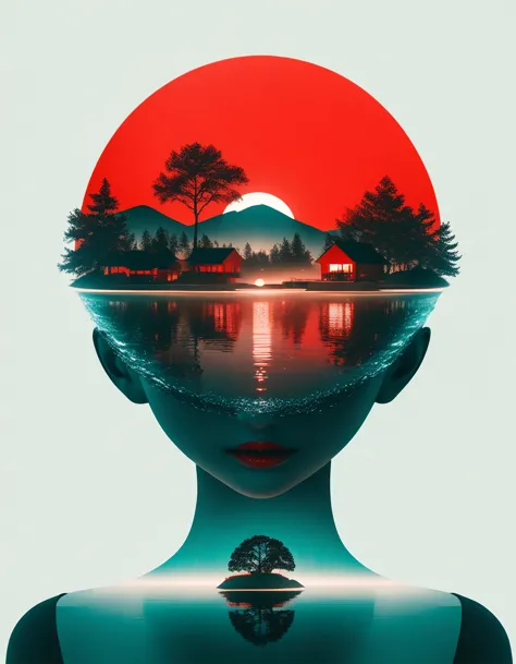 minimalist composition red sun，black man sitting on it，Mirror reflection of trees and water，Surrealism，clean background，Cinema4D...