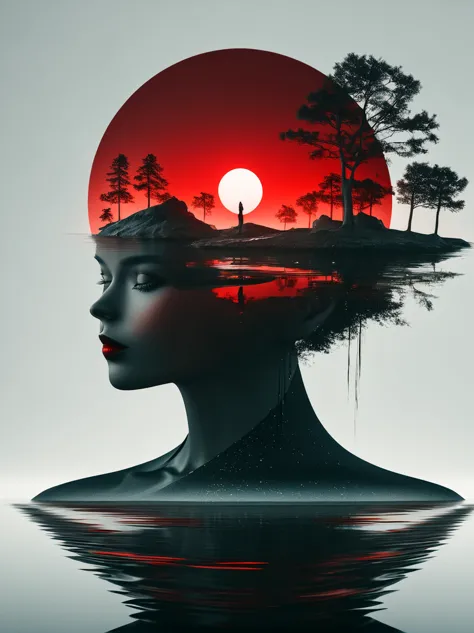 minimalist composition red sun，black man sitting on it，mirror reflection of trees and water，surrealism，clean background，cinema4d...