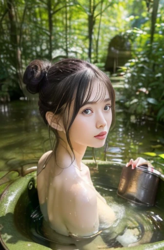 (8k, raw photo, best quality, masterpiece:1.2), (realistic, photo realistic:1.37),perfect anatomy,
Japanese woman,black hair,27 years old,
(slender),
(small breasts best quality),
blissful, medium hair, hair bun, from front, in the forest,(Scene of taking a bath in a drum can:1.3), birds-eye view, (impressive panoramas:1.2)