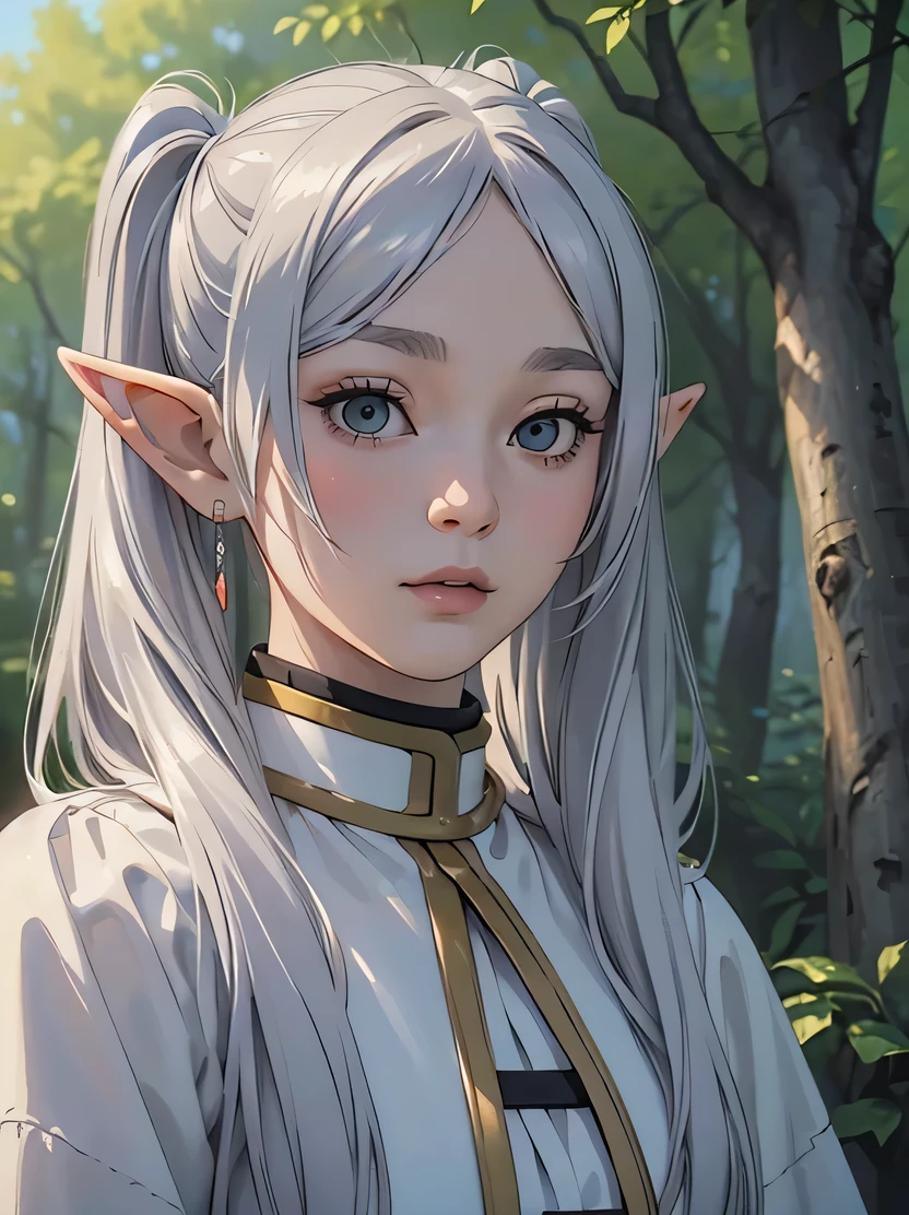 ((masterpiece、highest quality、Super detailed、High resolution、realistic、sharp focus))、face light、bust shot、((very delicate and beautiful))、female elf、Freelen、long silver hair、twin tails、round face、white clothes、in the forest、fantasy characters、Detailed hand depiction、view audience、Frieren