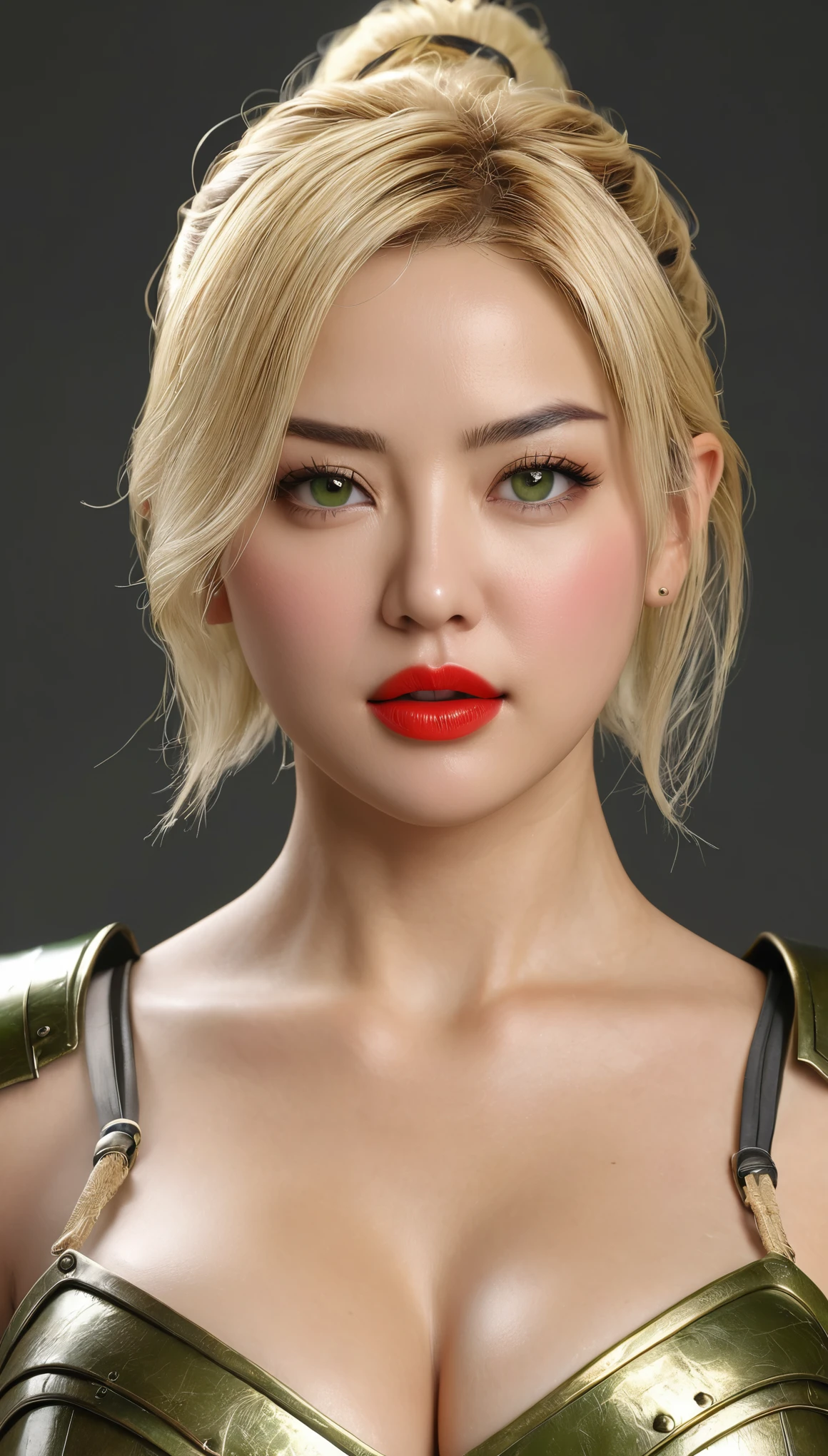 A woman in a gold dress with red lipstick and a red lip - SeaArt AI