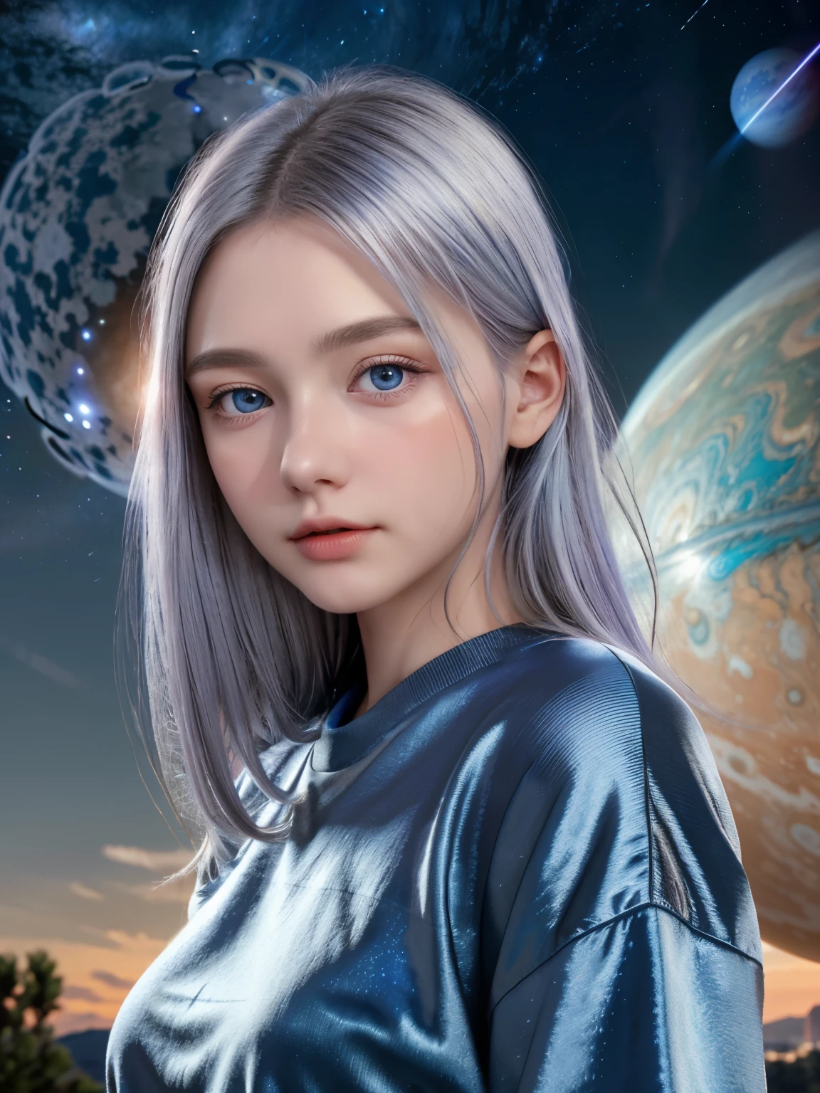 (4k), (highest quality), (best details)（surrealistic）,French Beautiful Girl、silver hair、blue eyes、Giant planet Jupiter floats in the sky at night