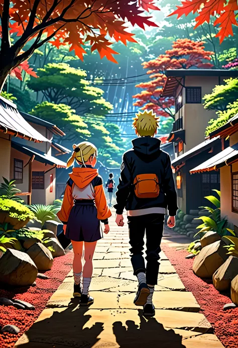 boruto as a teenager with hinata walking through the leaf village (anime naruto)(sinistro:1.2), (escuro, moody lighting), (atmos...