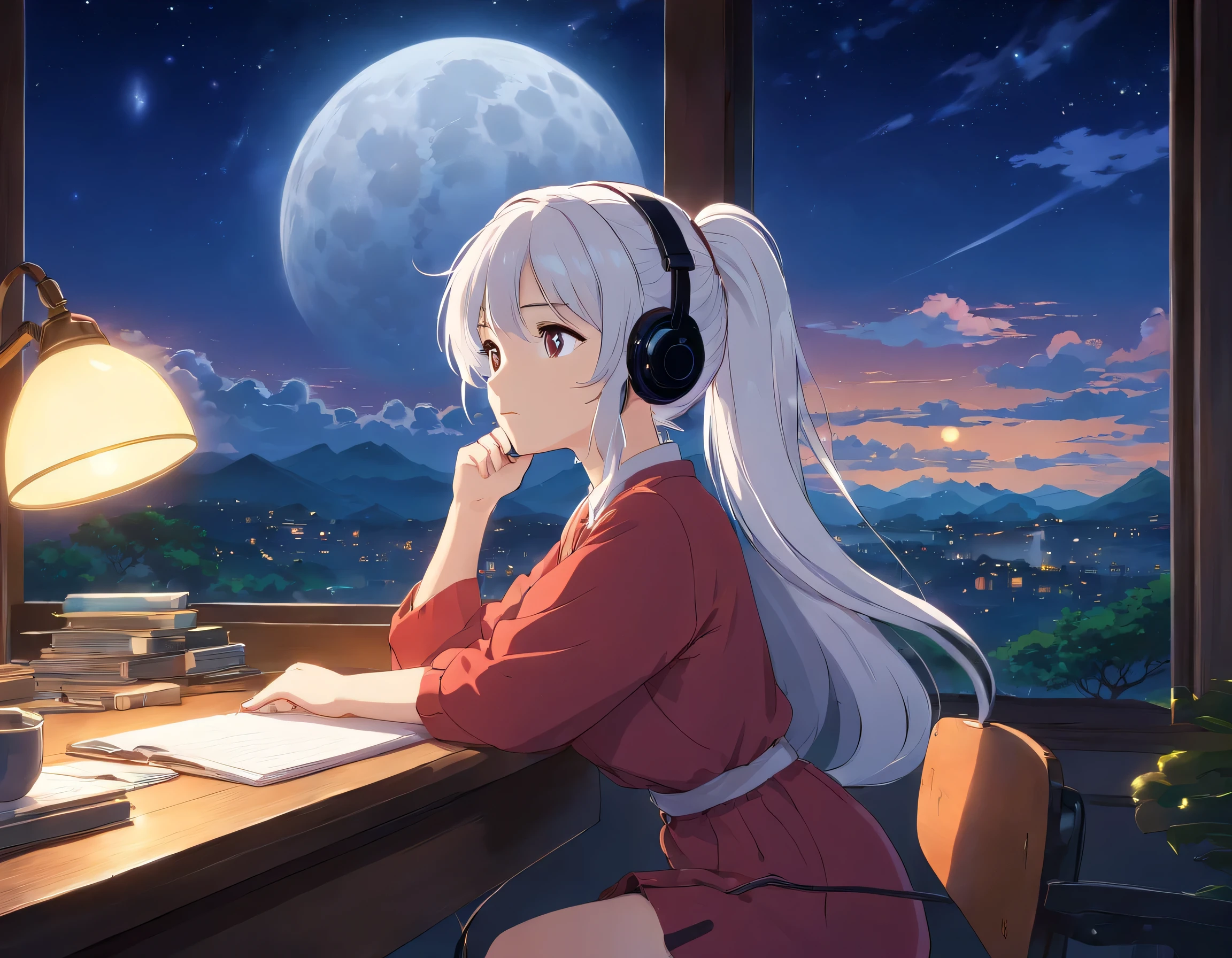 Anime girl sitting at desk with headphones on and looking out window -  SeaArt AI