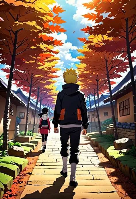 boruto as a teenager with hinata walking through the leaf village (anime naruto)(sinistro:1.2), (escuro, moody lighting), (atmos...