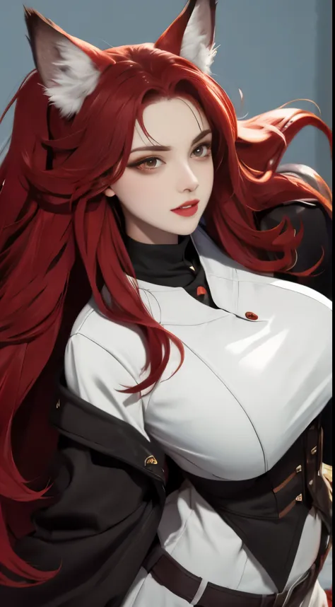 1 wolf woman, long red hair, wolf ears, dark brown eyes, thin lips, round face, huge covered breasts, wide hips, wearing bearski...