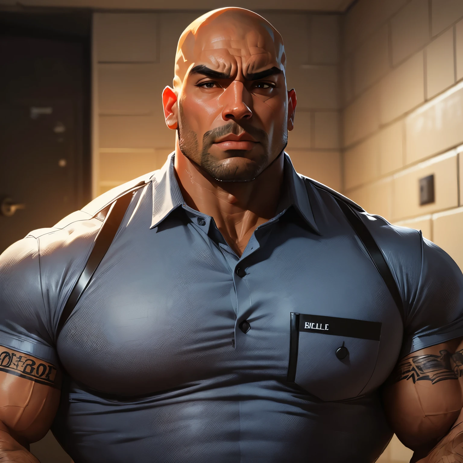 an exaggeratedly muscular and large bald bodyguard, beefy build, mixed race, (wearing collared prison warden uniform: 1.2), (bara pecs: 1.3), shirt is tight against his pecs, (arm and chest hair: 1.1), close-up portrait HD, grungy prison hallways