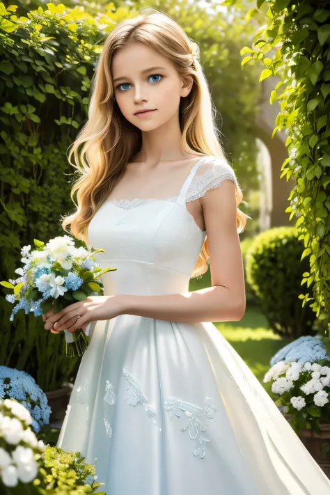 A girl with flowing golden hair and mesmerizing blue eyes, wearing an elegant white dress, standing in the midst of a vibrant ga...