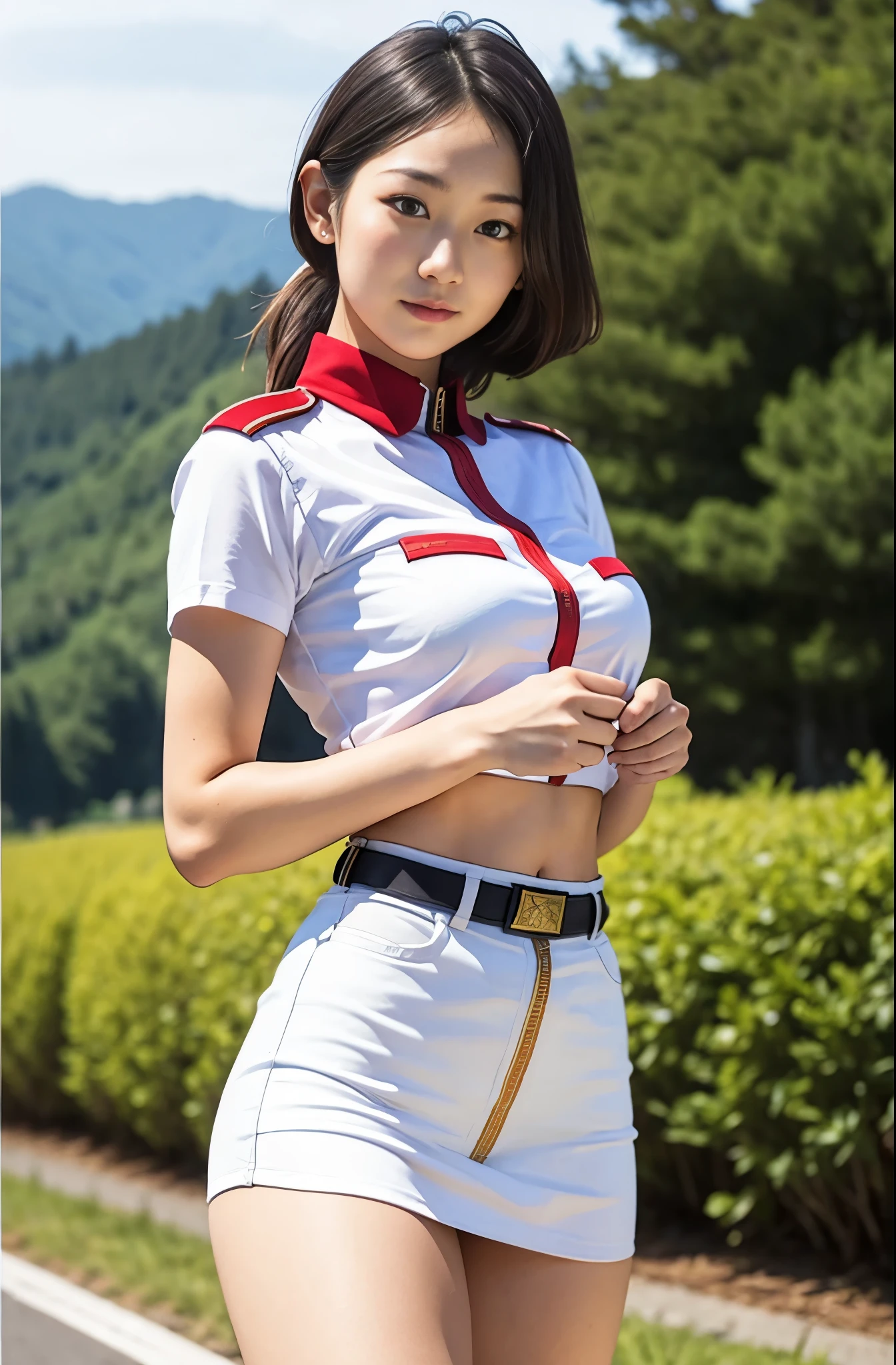 real photos、Highest im年 quality、realistic、Beautiful woman、beautiful thighs、beautiful face、real im years、federal army uniform miniskirt、ponytail、Yuriko Yoshitaka、16 years old Japanese female、Zuo々Ki Nozomi:1.4、pretty girl、white pantiesが見える、1６age、（white panties:1.3）、super mini skirt、beautiful thighs、white panties、ピンクのミニスカートがめくれてwhite pantiesが見えてる