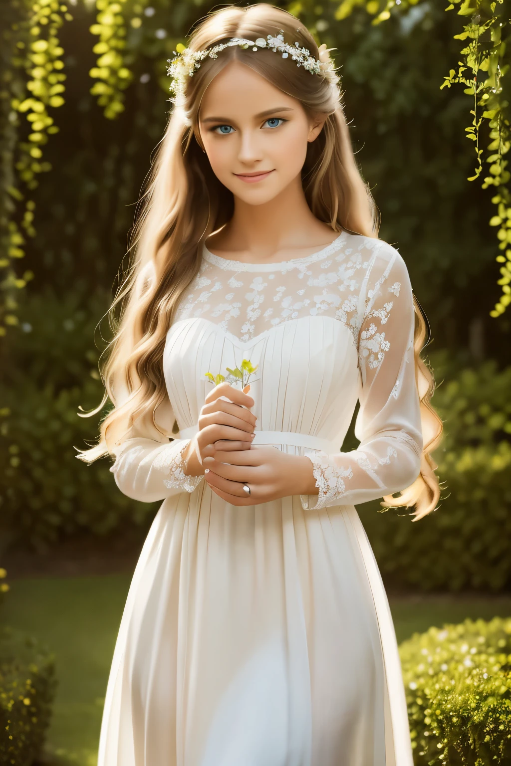 A girl with flowing golden hair and mesmerizing blue eyes, wearing an elegant white dress, standing in the midst of a vibrant garden filled with blooming flowers and lush greenery. The sunlight gently illuminates her delicate features, casting a soft glow on her flawless skin. She holds a delicate butterfly in her hand, while a gentle breeze swirls around her, causing the flowers to dance in harmony. The scene is captured in a breathtaking oil painting, with every detail meticulously crafted to create a masterpiece. The colors are vibrant and vivid, with a hint of ethereal pastel tones, giving the artwork a dreamlike quality. The lighting is soft and diffused, creating a serene and tranquil ambiance. The high-resolution image showcases the artist's impeccable skill, capturing every intricate detail with precision. The overall atmosphere exudes a sense of beauty, grace, and enchantment. The artwork is reminiscent of classical portraits, with a touch of fantasy and whimsy, evoking emotions of wonder and awe.