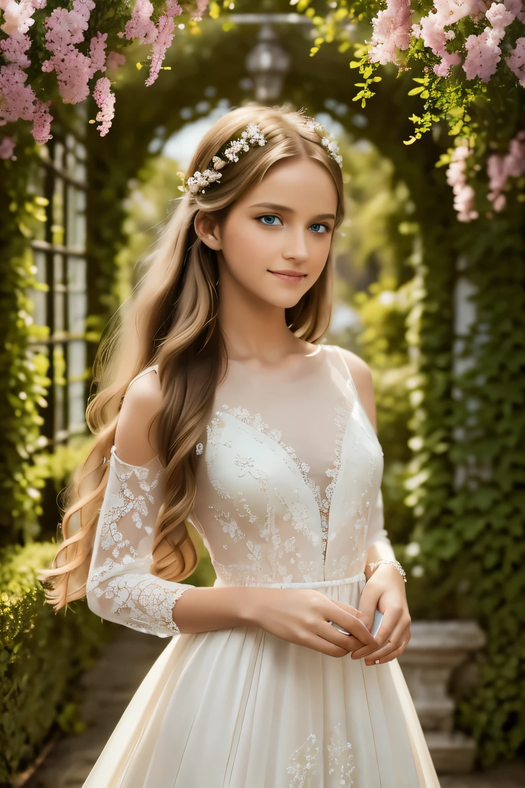 A girl with flowing golden hair and mesmerizing blue eyes, wearing an elegant white dress, standing in the midst of a vibrant garden filled with blooming flowers and lush greenery. The sunlight gently illuminates her delicate features, casting a soft glow on her flawless skin. She holds a delicate butterfly in her hand, while a gentle breeze swirls around her, causing the flowers to dance in harmony. The scene is captured in a breathtaking oil painting, with every detail meticulously crafted to create a masterpiece. The colors are vibrant and vivid, with a hint of ethereal pastel tones, giving the artwork a dreamlike quality. The lighting is soft and diffused, creating a serene and tranquil ambiance. The high-resolution image showcases the artist's impeccable skill, capturing every intricate detail with precision. The overall atmosphere exudes a sense of beauty, grace, and enchantment. The artwork is reminiscent of classical portraits, with a touch of fantasy and whimsy, evoking emotions of wonder and awe.