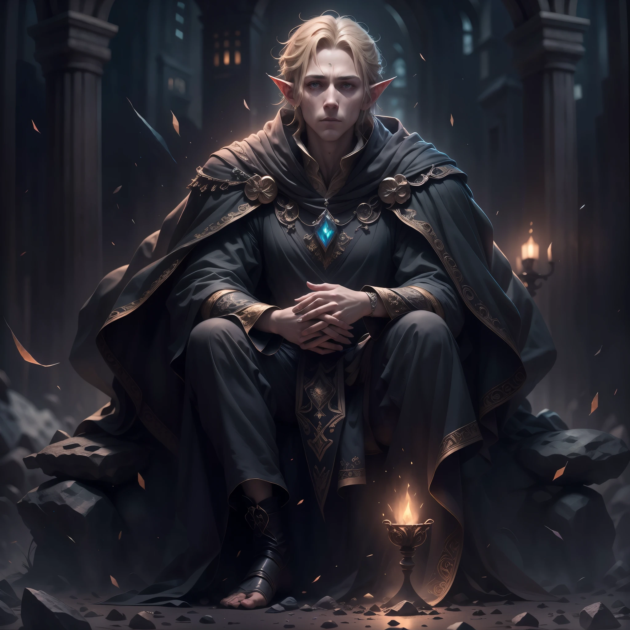 (best quality, 4k, 8k, highres, masterpiece: 1.2, portrait), 1 elder wise Elf male, short blonde hair, sitting on stone chair, wearing long robes, gloomy atmosphere, a floating crystal over the right shoulder, residing in the realm of the dead, somber feeling, wise looking