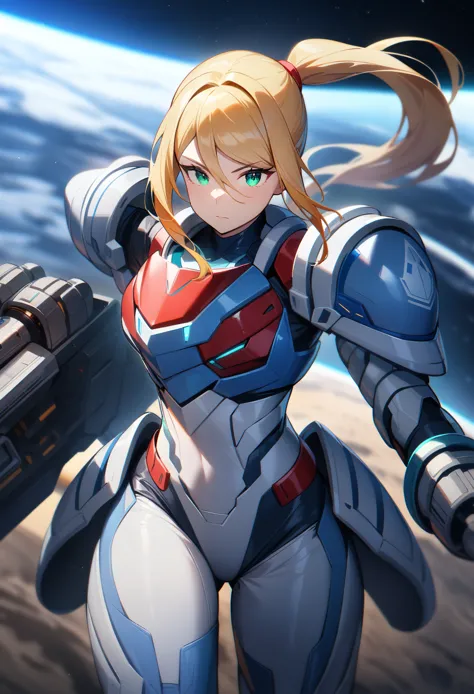 1girl,samus aran,solo,green eyes,blonde hair,white blue power armor,ponytail,arm cannon,red chest armor, big shoulder armor,cowb...