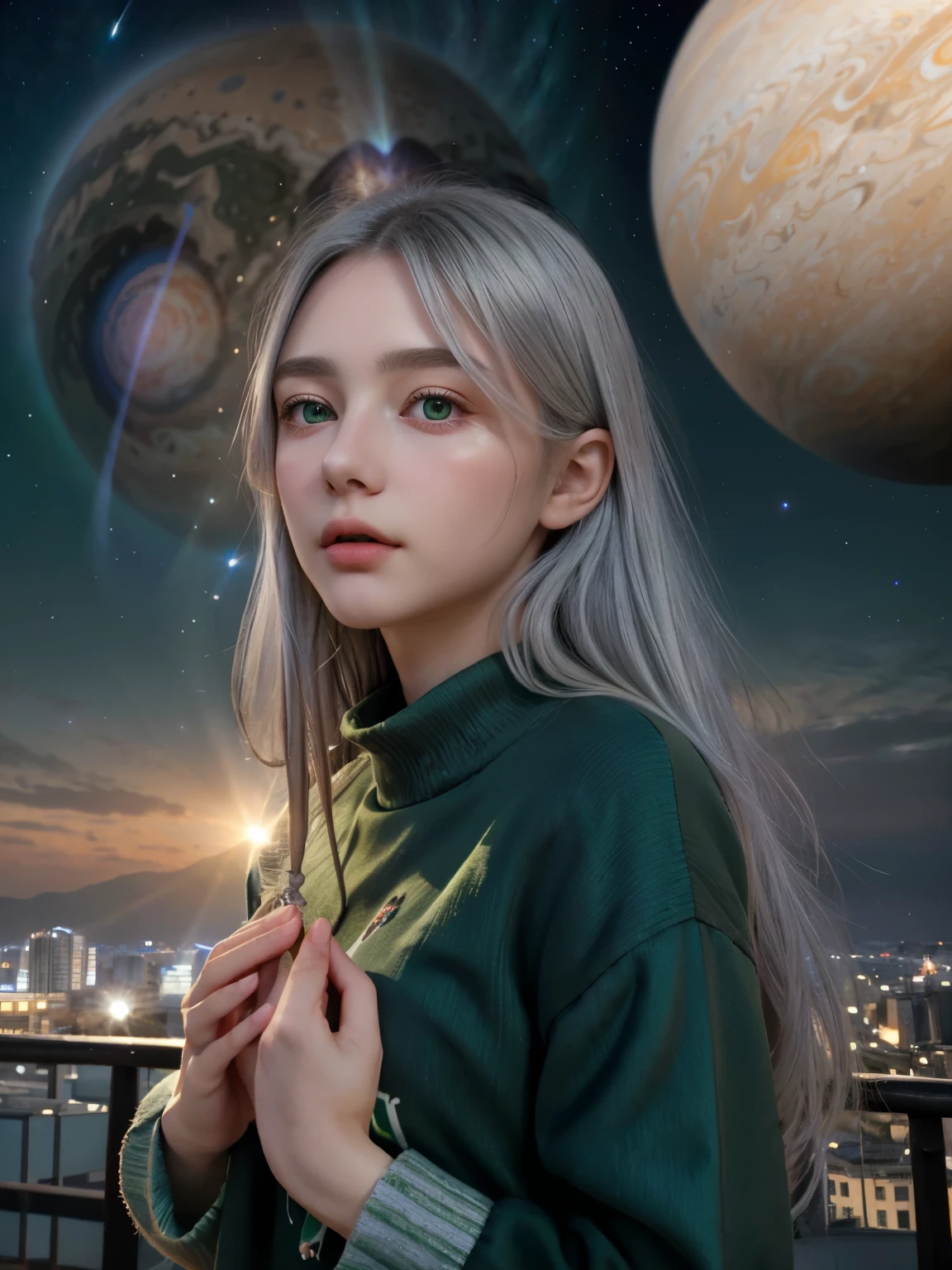 (4k), (highest quality), (best details)（surrealistic）,French Beautiful Girl、silver hair、green eyes、prayer、Giant planet Jupiter floats in the sky at night