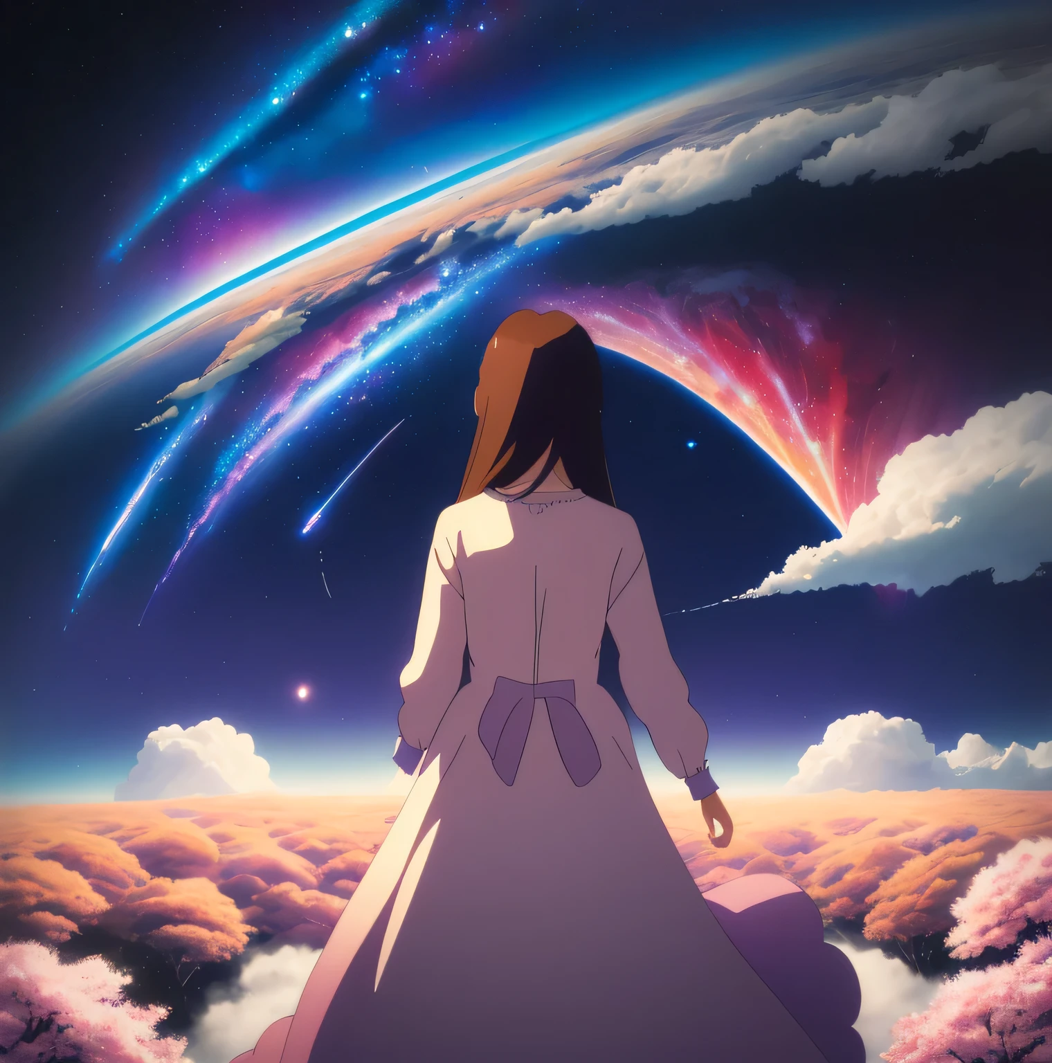 1 person、Fighting girl staring at the stars（zoomed out：1.1）、（Meteor swarm：1.2）、（comets：1.1）、yourname、moon、from the rear、Arrowlaboralis shooting star、city in distance 、cherry trees、Highest quality standing in the field、masterwork、​​clouds、colourfull、starrysky、stele