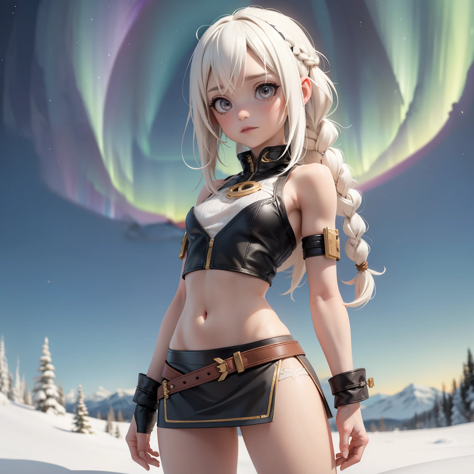 Nordic girl, albino, blonde, dreads, side-cut hair, animal skin mini skirt, animal skin crop top, Viking tattoos, low waist, small breasts, tiny breasts, flat breasts, visible navel, shapely legs, thick legs , long legs, northern lights, mountain in the background, snow