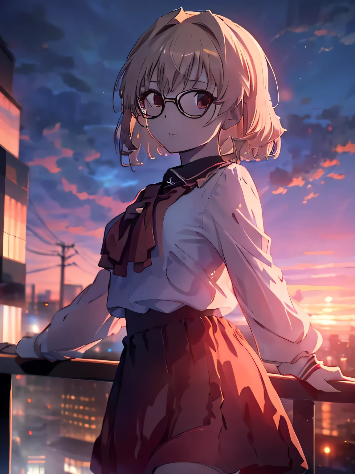 1girl, Anime Girl with Blonde Hair, Short Hair, Raised Hair Hairstyle, Red Eyes, Black Glasses, White Blouse, White Polo, Red Skirt, Black Heels, Sunset Background, Standing over a Building, Chilling, Foggy, Bright, Happy Expression, Close-up Portrait, Standing Position