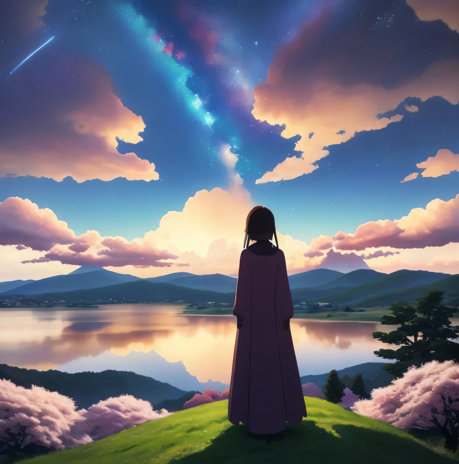 1 person、Fighting girl staring at the stars（zoomed out：1.1）、（star swarm：1.2）、（trees ：1.1）、yourname、moon、from the rear、fireplace 、city in distance 、cherry trees、Highest quality standing in the field、masterwork、​​clouds、colourfull、starrysky、stele