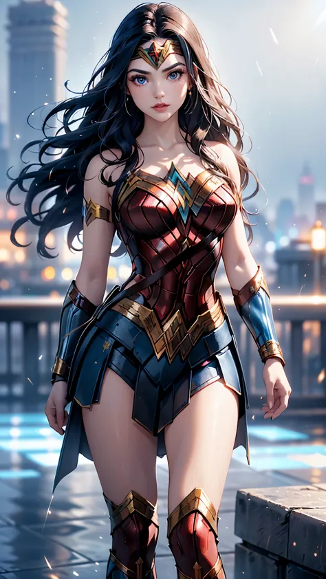 (la mejor calidad,the high resolution,ultra - detallado,actual),ariana grande es la wonder woman , (fondo nublado lluvia ciudad ...