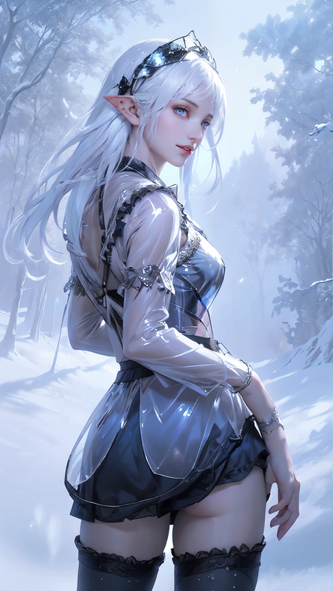 (Best Quality, A high resolution, Ultra - detailed, current), White, A world covered in silver, branches covered in snow, touch chill of winter, Snowflakes dance like elves, Turn the world into a silver fairy tale, chill, Quiet and beautiful snow scene., Cozy Quiet, (seaArt 2.1), (background frozen white trees snow falling:1.4) , (beautiful blue eyes big black stones:1.4) , (cowboy pose), (realistic) ,8K high quality detailed art, Fanart Best ArtStation, Fantasy art style, (black lolita short pulled-up transparent miniskirt:1.4), (showing pussy),(hairy pussy), stocking bra, leggings white,
