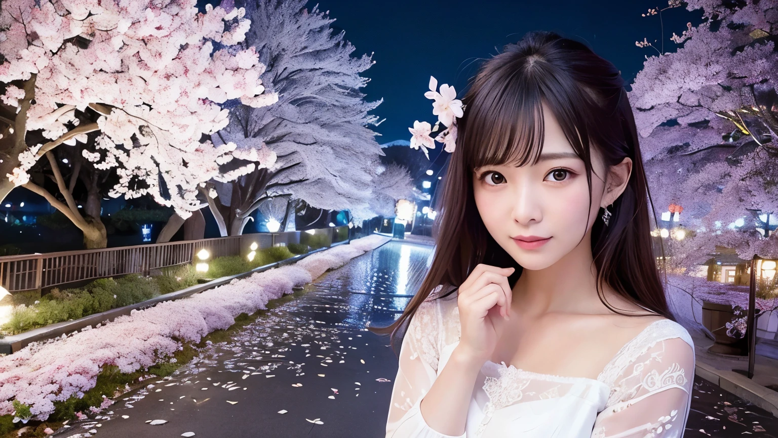 Highest image quality、realistic pictures、full shot、I can see the whole thing。Beautiful woman、clear、Pitiful、Mature twenty year old、Cherry blossoms at night、love、farewell story、an unforgettable promise、Waiting for a long time、Nostalgic tree-lined avenue、Memories、calm atmosphere、fun night walk。