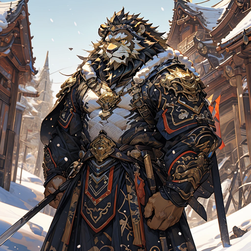 Golden skin lion),(Black and white yin and yang general battle robe),Holding a long sword,strong posture,stand calmly,(The background is a city covered in ice and snow:1.2),abdominal muscles,heroic posture,A perfect masterpiece,Various facial details,distance perspective,specific description,masterpiece,CG,(golden eyes),black and white pattern,Crimson tail,General,heroic posture,lion,Black and gold fur,Specific facial details,Half body,(Black and white Yin and Yang General combat boots),(Chang Ling),((middle aged)),(Face focus),(16K),HD,black and white belly,temple,beard,(Face line),different students,(Black and white yin and yang shirt),(Black and blond hair),Strong,muscle,(High resolution:1.3),(Standing in front of a city covered in ice and snow),(close up),(Detailed face:1.5),Perfect details,(Half body),(Detailed depiction of face:1.5),(Zoom in on face:1.5),(White Face line:1.2),(Black Beard:1.3),(white face;1.6),golden body lion