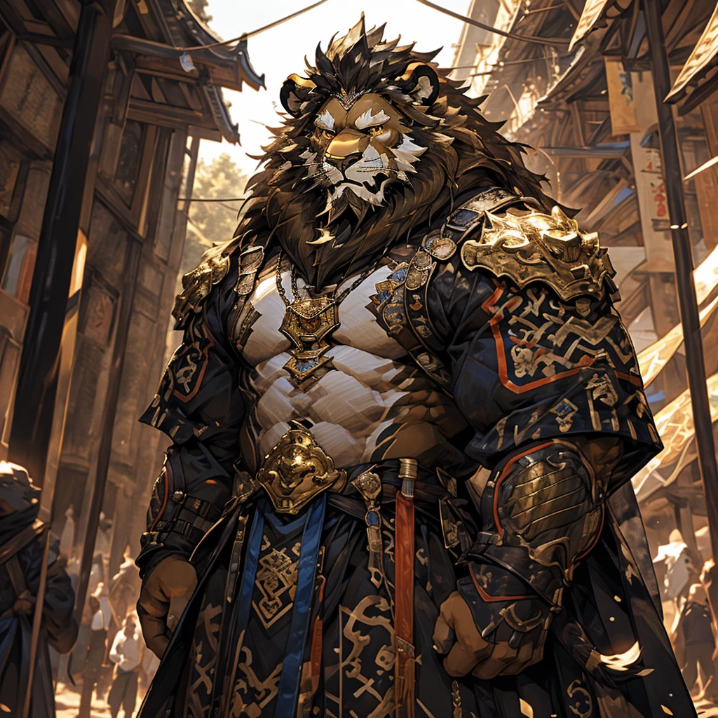 Golden skin lion),(Black and white yin and yang general battle robe),Holding a long sword,strong posture,stand calmly,(In the background is a city covered in forest:1.2),abdominal muscles,heroic posture,A perfect masterpiece,Various facial details,distance perspective,specific description,masterpiece,CG,(golden eyes),black and white pattern,Crimson tail,General,heroic posture,lion,Black and gold fur,Specific facial details,Half body,(Black and white Yin and Yang General combat boots),(Chang Ling),((middle aged)),(Face focus),(16K),HD,black and white belly,temple,beard,(Face line),different students,(Black and white yin and yang shirt),(Black and blond hair),Strong,muscle,(High resolution:1.3),(Standing in front of a city covered by forest),(close up),(Detailed face:1.5),Perfect details,(Half body),(Detailed depiction of face:1.5),(Zoom in on face:1.5),(White Face line:1.2),(Black Beard:1.3),(white face;1.6),golden body lion