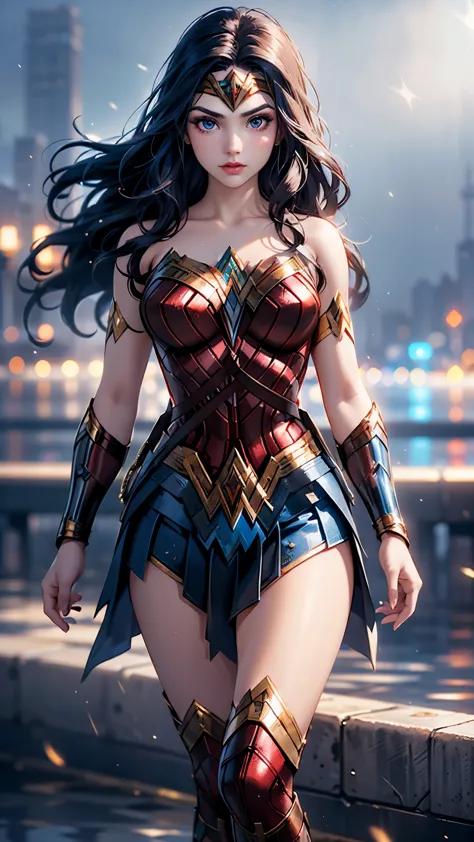 (la mejor calidad,the high resolution,ultra - detallado,actual),ariana grande es la wonder woman , (fondo nublado lluvia ciudad ...