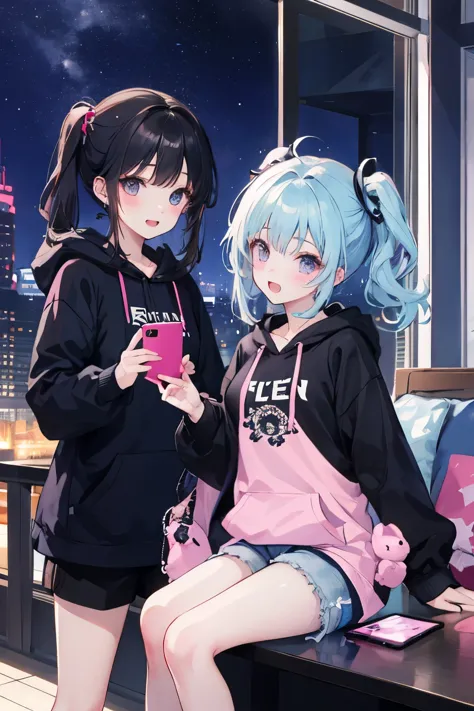 night view、Three girls、cute、Black hair with light blue tips、（Pink bristles）
black hoodie、shorts、Fashionable、I have a smartphone